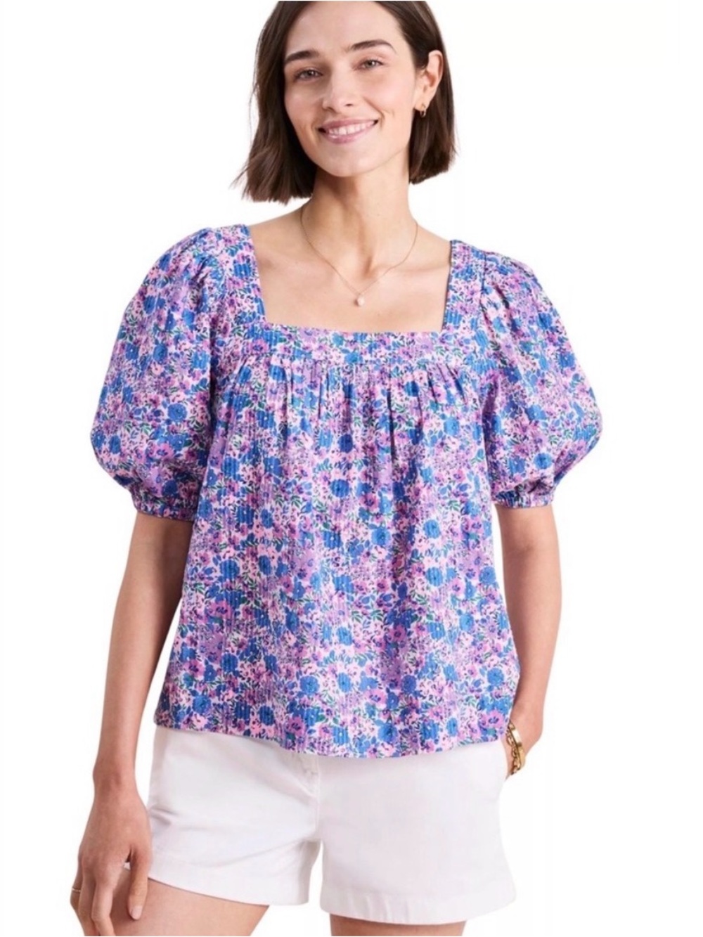 Vineyard Vines Puff-Sleeve Square-Neck Top - Pink & Blue Floral